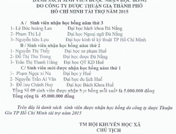 TRAO HỌC BỔNG CHO SINH VIÊN NGHÈO HIẾU HỌC (Năm 2015)